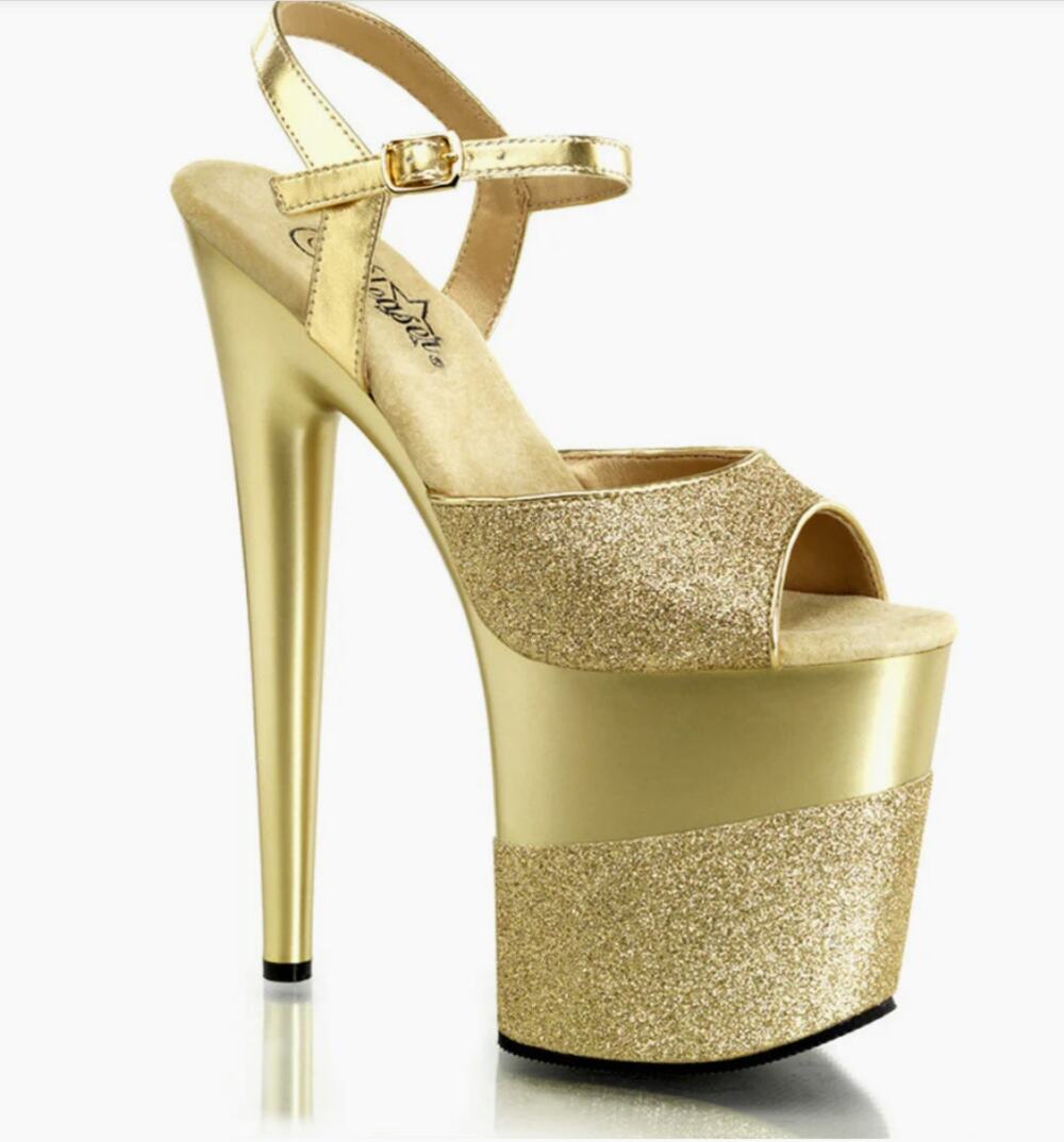 Pleaser Flamingo FLAM-809-2G 8" Gold Glitter Platform Heels Ankle Strap Size 7